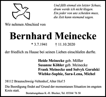 Traueranzeige von Bernhard Meinecke von Braunschweiger Zeitung