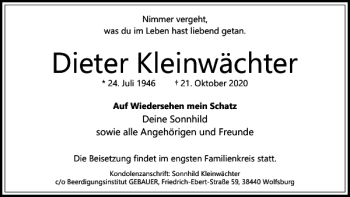 Traueranzeige von Dieter Kleinwächter von Wolfsburger Nachrichten