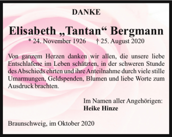 Traueranzeige von Elisabeth Tantan Bergmann von Braunschweiger Zeitung