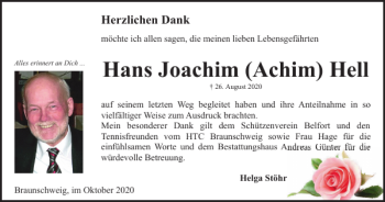 Traueranzeige von Hans Joachim Achim Hell von Braunschweiger Zeitung