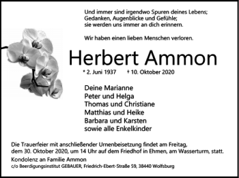 Traueranzeige von Herbert Ammon von Wolfsburger Nachrichten