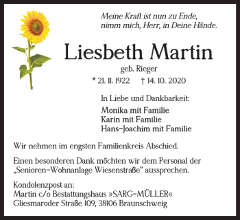 Traueranzeige von Liesbeth Martin von Braunschweiger Zeitung