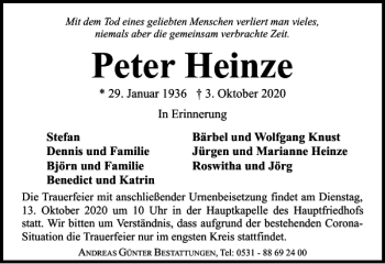 Traueranzeige von Peter Heinze von Braunschweiger Zeitung