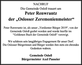 Traueranzeige von Peter Renwrantz der Oslosser Zeremonienmeister von Wolfsburger Nachrichten