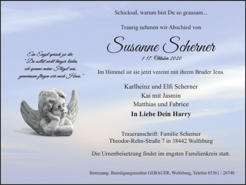  Traueranzeige für Susanne Scherner vom 23.10.2020 aus Wolfsburger Nachrichten