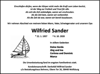 Traueranzeige von Wilfried Sander von Wolfsburger Nachrichten