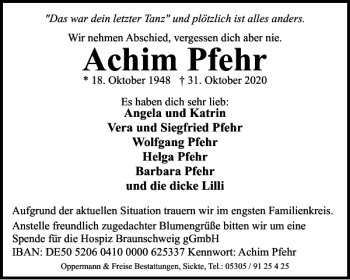 Traueranzeige von Achim Pfehr von Braunschweiger Zeitung