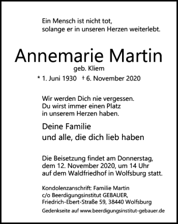 Traueranzeige von Annemarie Martin von Wolfsburger Nachrichten