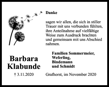 Traueranzeige von Barbara Klabunde von Helmstedter Nachrichten