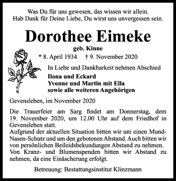 Traueranzeige von Dorothee Eimeke von Wolfenbütteler Zeitung