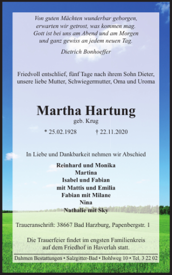 Traueranzeigen Von Martha Hartung | Trauer38.de