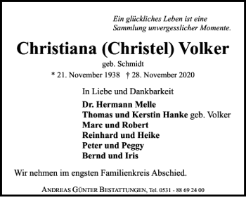 Traueranzeige von Christiana „Christel“ Volker von Braunschweiger Zeitung