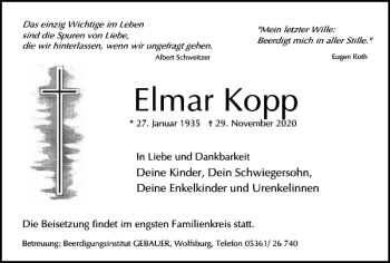 Traueranzeige von Elmar Kopp von Wolfsburger Nachrichten