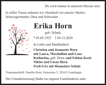 Traueranzeige von Erika Horn von Braunschweiger Zeitung