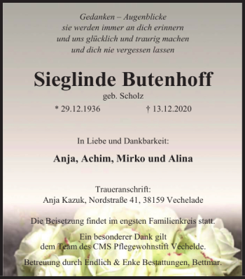 Traueranzeige von Sieglinde Butenhoff von Peiner Nachrichten