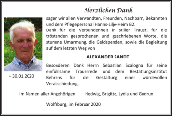 Traueranzeige von ALEXANDER SANDT von Wolfsburger Nachrichten