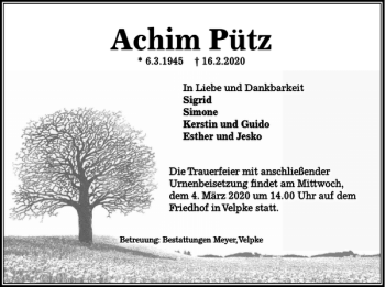 Traueranzeige von Achim Pütz von Wolfsburger Nachrichten