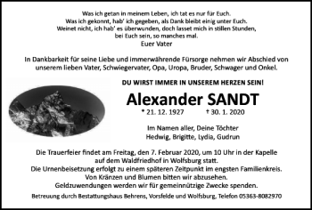 Traueranzeige von Alexander SANDT von Wolfsburger Nachrichten