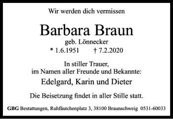 Traueranzeige von Barbara Braun von Braunschweiger Zeitung