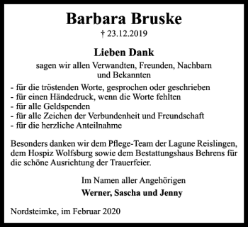 Traueranzeige von Barbara Bruske von Wolfsburger Nachrichten