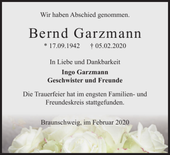 Traueranzeige von Bernd Garzmann von Braunschweiger Zeitung