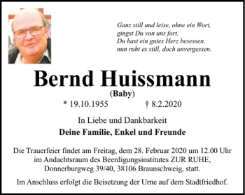 Traueranzeige von Bernd Huissmann von Braunschweiger Zeitung