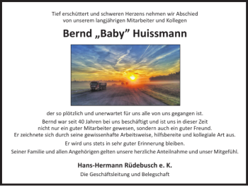 Traueranzeige von Bernd Baby Huissmann von Braunschweiger Zeitung