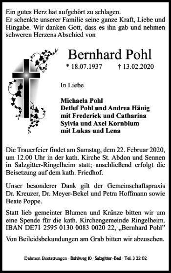 Traueranzeige von Bernhard Pohl von Salzgitter Zeitung