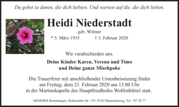 Traueranzeige von Heidi Niederstadt von Braunschweiger Zeitung