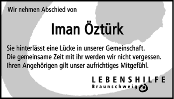 Traueranzeige von Iman Öztürk von Braunschweiger Zeitung