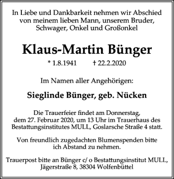 Traueranzeige von Klaus-Martin Bünger von Wolfenbütteler Zeitung