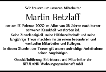 Traueranzeige von Martin Retzlaff von Wolfsburger Nachrichten