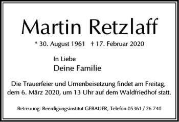 Traueranzeige von Martin Retzlaff von Wolfsburger Nachrichten