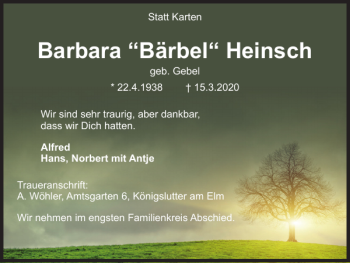 Traueranzeige von Barbara Heinsch von Helmstedter Nachrichten