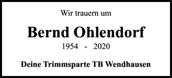 Traueranzeige von Bernd Ohlendorf von Helmstedter Nachrichten