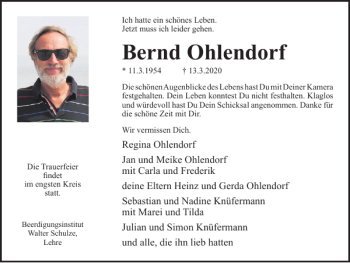 Traueranzeige von Bernd Ohlendorf von Braunschweiger Zeitung