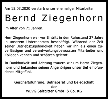 Traueranzeige von Bernd Ziegenhorn von Salzgitter Zeitung