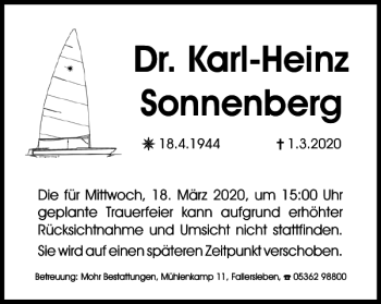 Traueranzeige von Dr. Karl-Heinz Sonnenberg von Wolfsburger Nachrichten