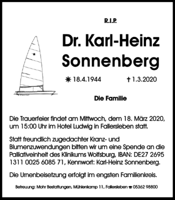 Traueranzeige von Dr. Karl-Heinz Sonnenberg von Wolfsburger Nachrichten