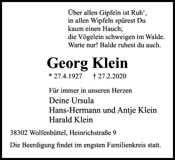 Traueranzeige von Georg Klein von Wolfenbütteler Zeitung