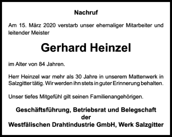 Traueranzeige von Gerhard Heinzel von Salzgitter Zeitung