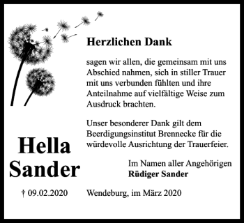 Traueranzeige von Hella Sander von Peiner Nachrichten