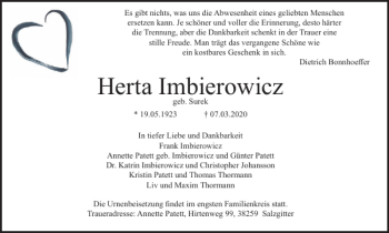 Traueranzeige von Herta Imbierowicz von Salzgitter Zeitung