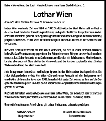 Traueranzeige von Lothar Wien von Helmstedter Nachrichten