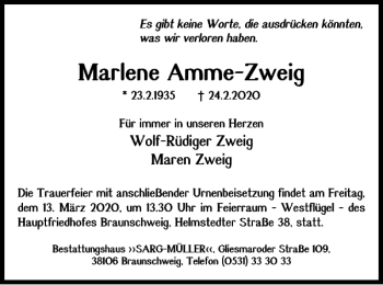 Traueranzeige von Marlene Amme-Zweig von Braunschweiger Zeitung