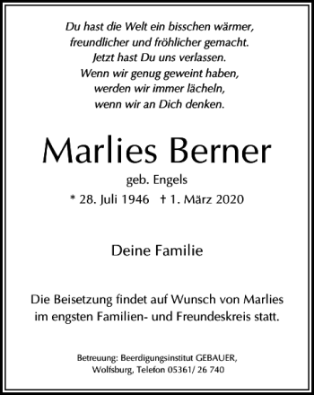 Traueranzeige von Marlies Berner von Wolfsburger Nachrichten