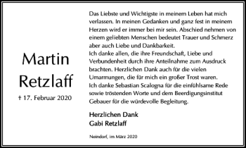 Traueranzeige von Martin Retzlaff von Wolfsburger Nachrichten