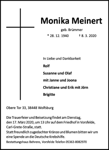 Traueranzeige von Monika Meinert von Wolfsburger Nachrichten