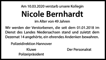 Traueranzeige von Nicole Bernhardt von Braunschweiger Zeitung