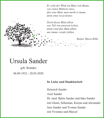 Traueranzeige von Ursula Sander von Braunschweiger Zeitung